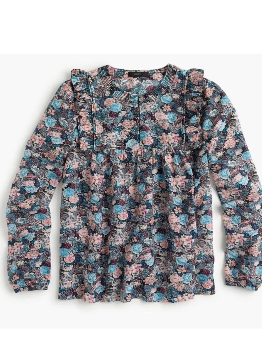 J Crew Ruffle Top Sz M Long Sleeve Blue Pink Paisley Floral Cotton Silk Bohemian